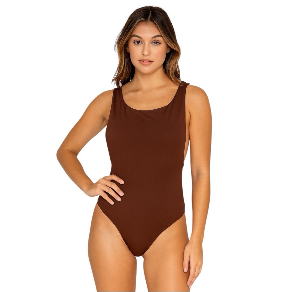 AURA Sleeveless Thong tank top Bodysuit ultra stretch deep chocolate brown L XL - Picture 3 of 17